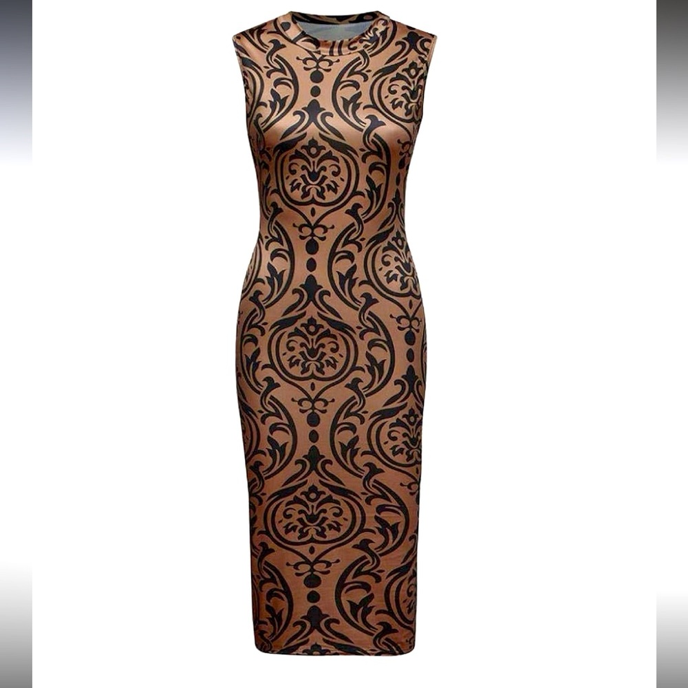 Elegant Geometric Print Sleeveless Midi Dress – Black & Beige Size XL 10/12 NWOT